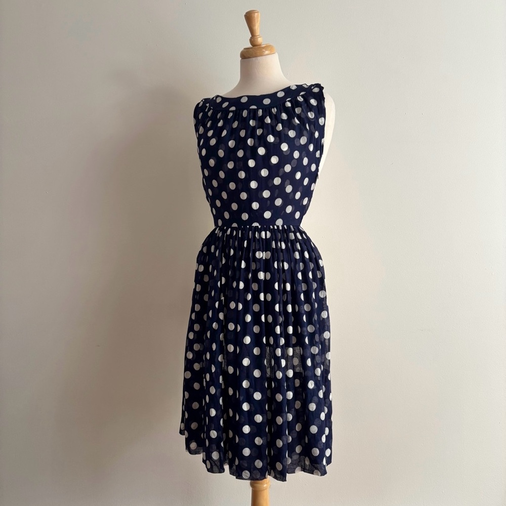 Vintage 1960s GAY GIBSON Navy Blue & White Polka Dot Sleeveless Dress / 24 waist - Picture 10 of 16